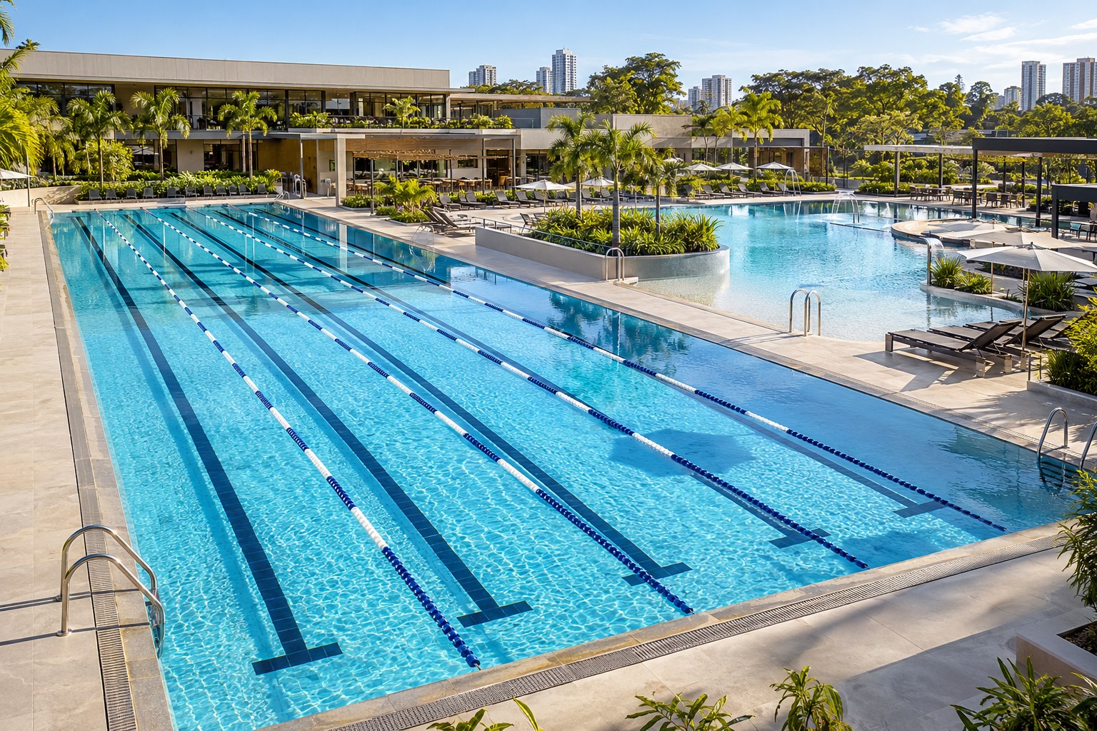 Complexo aquático comercial com piscina esportiva e área de lazer para clube