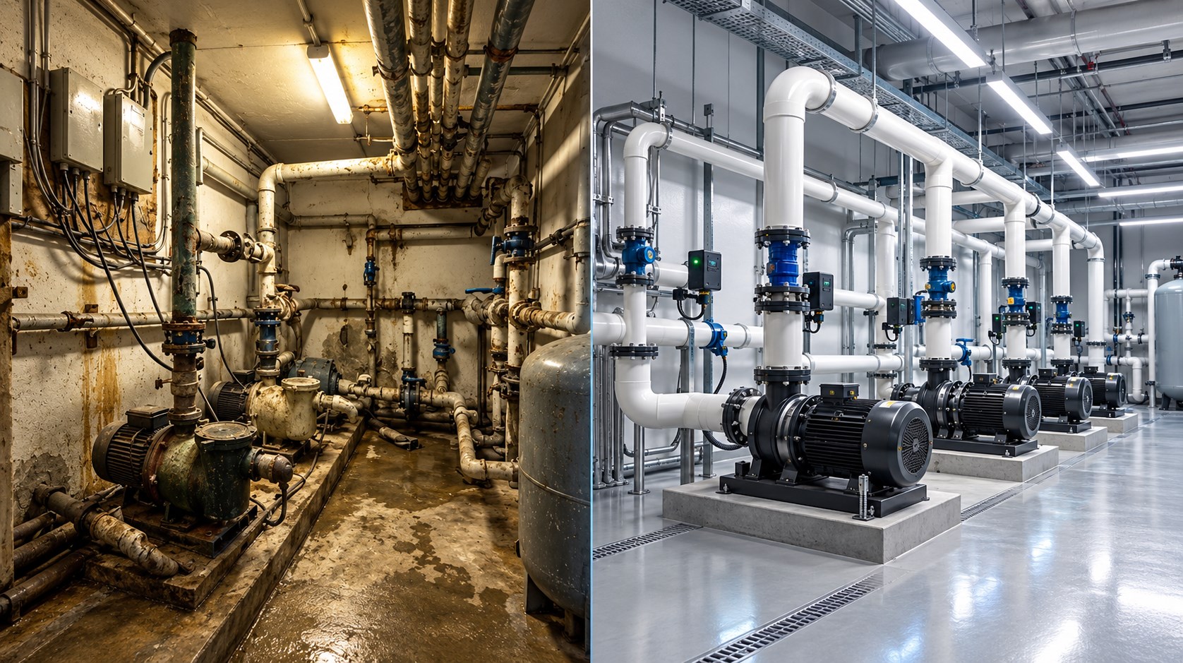 Comparação entre casa de máquinas antiga e instalação hidráulica modernizada