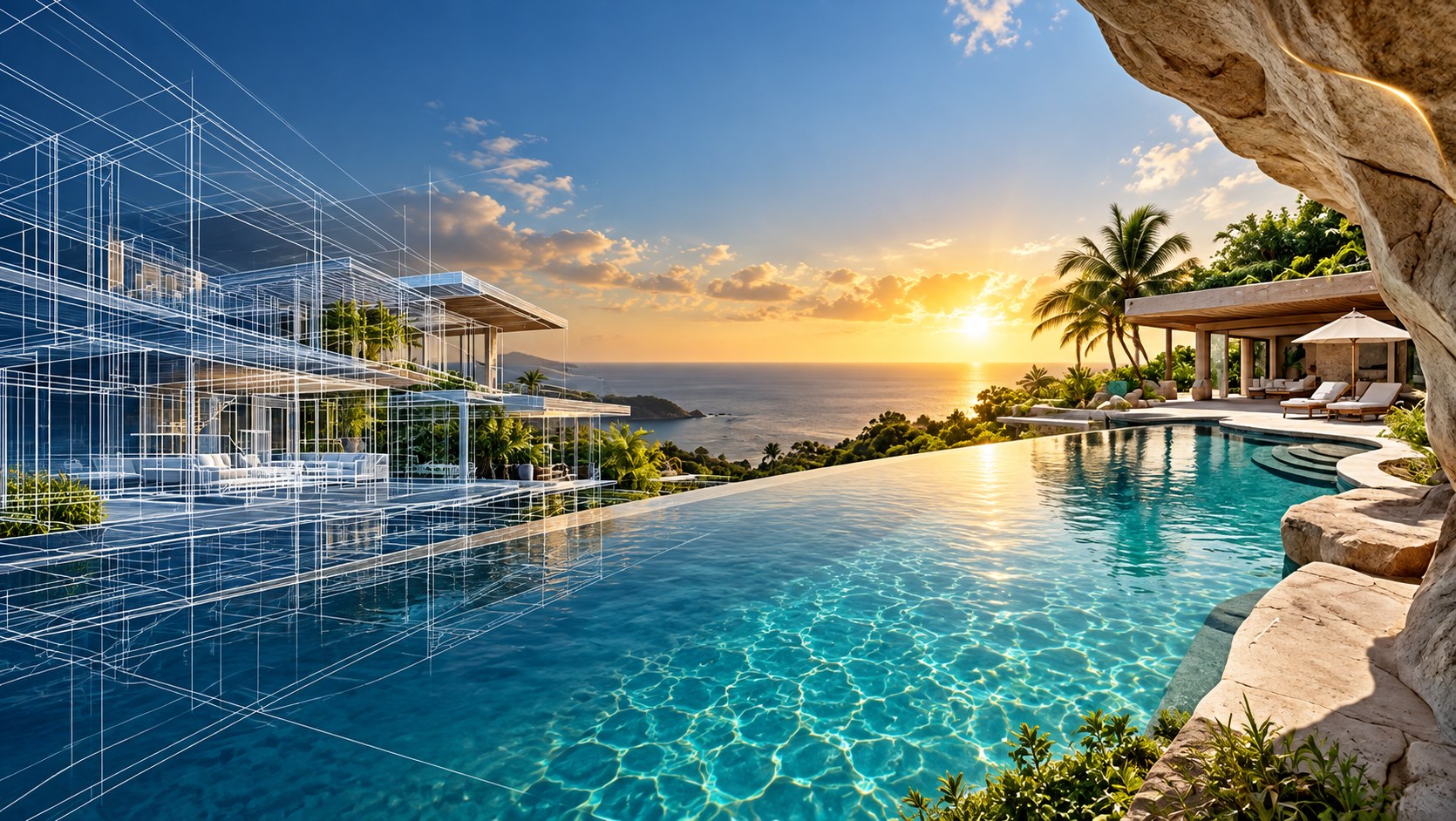 Arquitetura de luxo regenerativo integrada a piscina e modelagem técnica