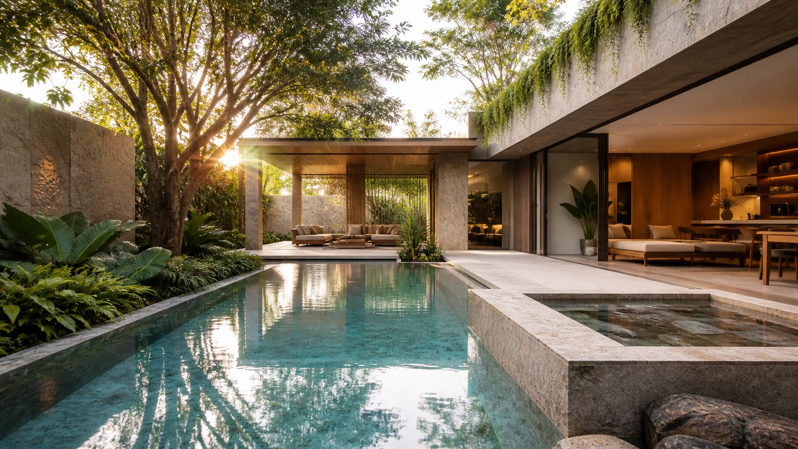 Residência contemporânea de alto padrão com piscina, spa e ambientes integrados de wellness