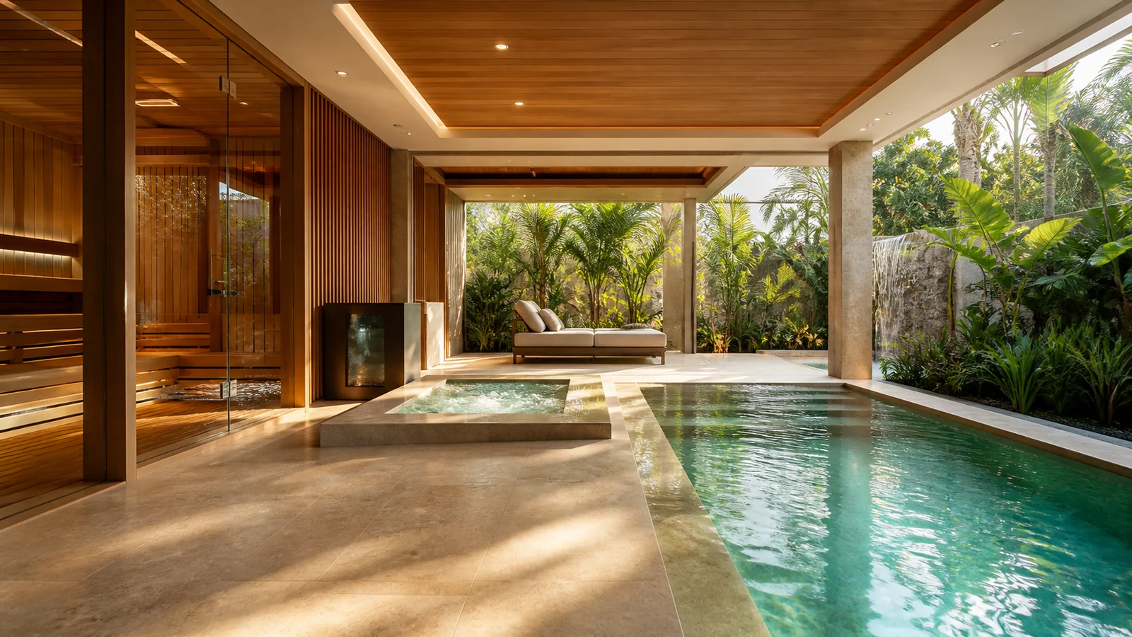 Área wellness residencial de luxo integrada à arquitetura e ao jardim