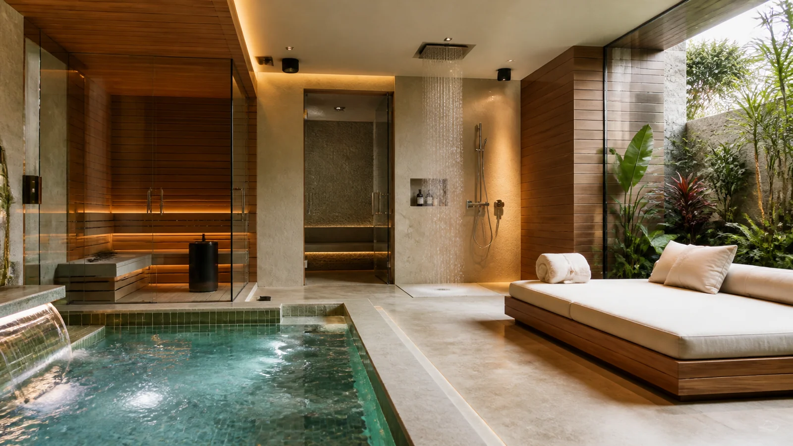 Home spa premium com piscina aquecida, sauna e espaço de relaxamento