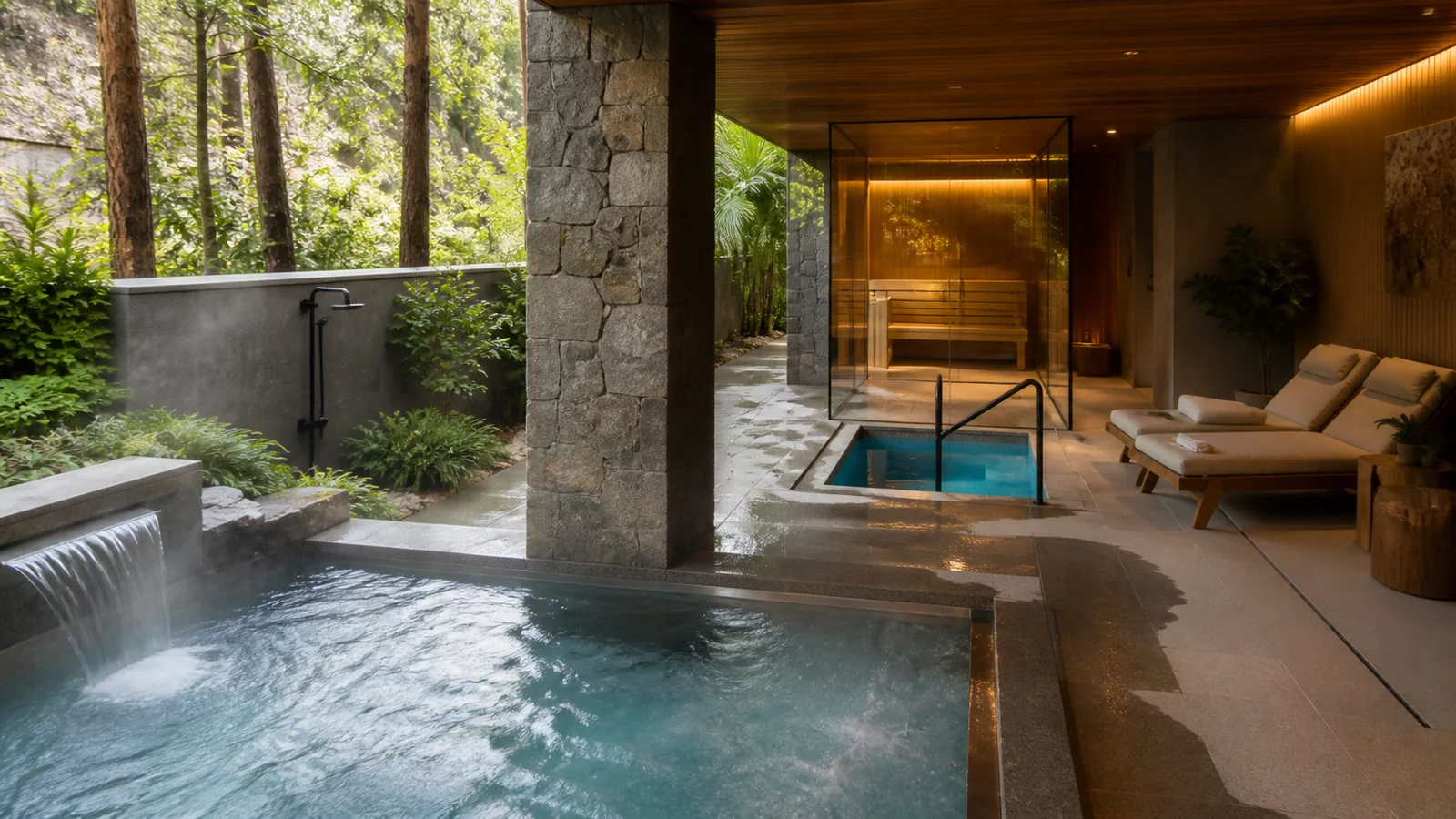 Circuito wellness com piscina quente, cold plunge e ambiente de recuperação