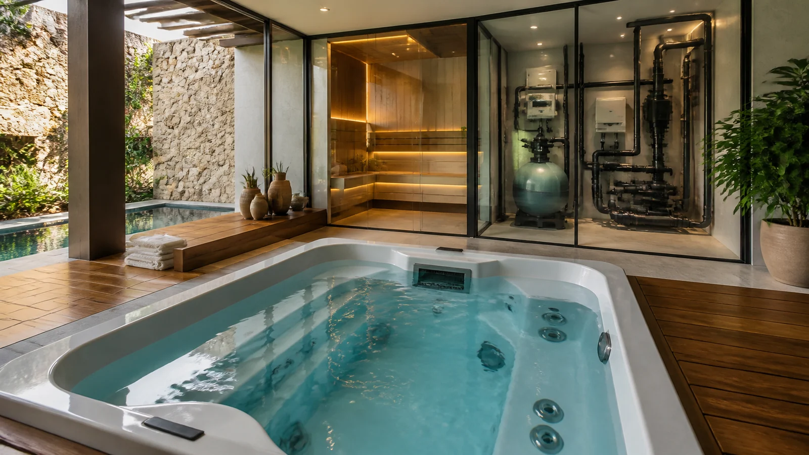 Spa privativo residencial com piscina e infraestrutura técnica discreta