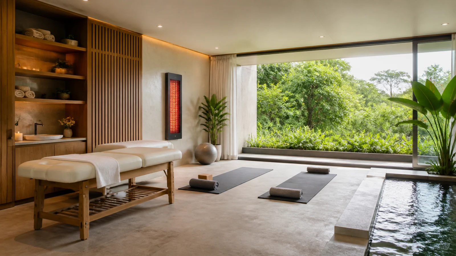 Wellness room contemporânea com luz natural e espaço dedicado ao bem-estar