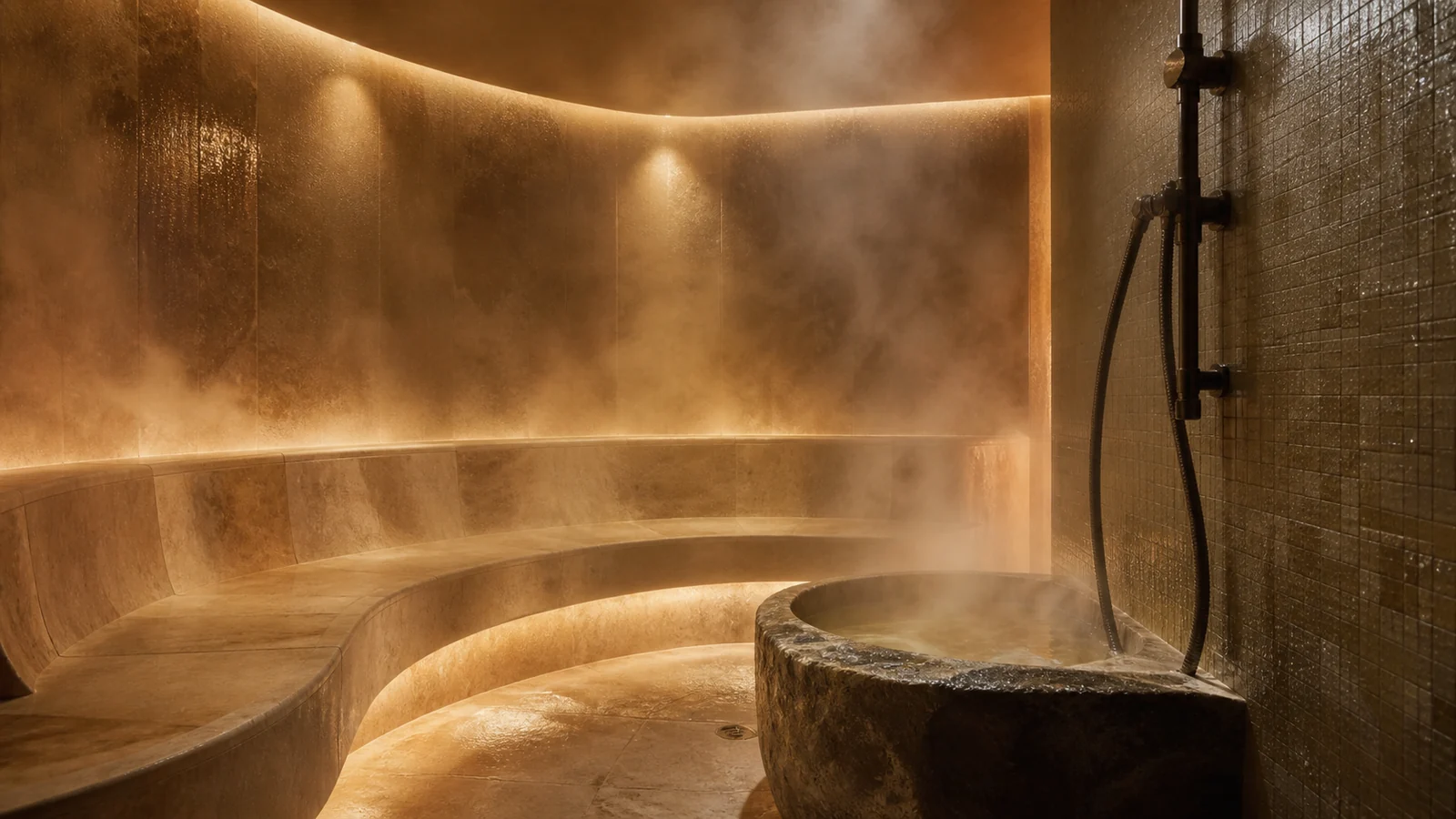 Caldarium residencial revestido em pedra com vapor e piscina de água quente