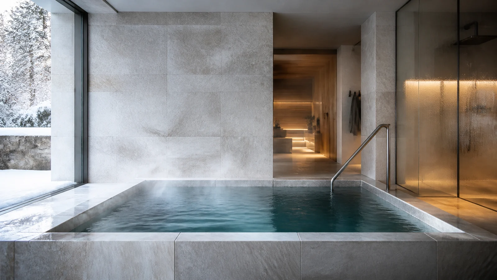 Frigidarium residencial com piscina fria integrada a um circuito termal