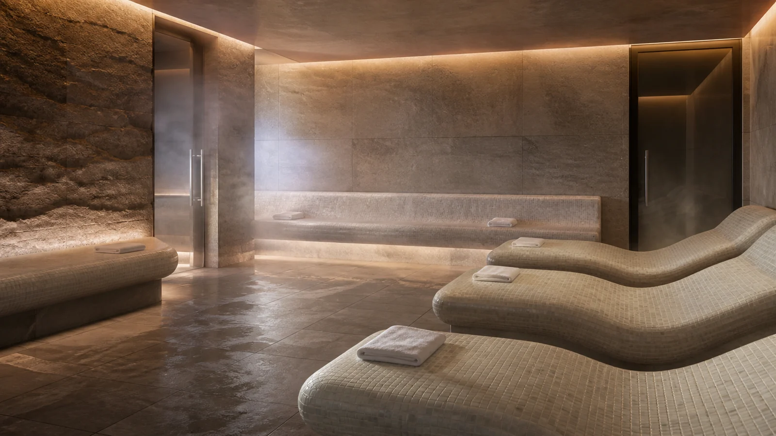 Tepidarium elegante com bancos aquecidos e atmosfera de temperatura amena