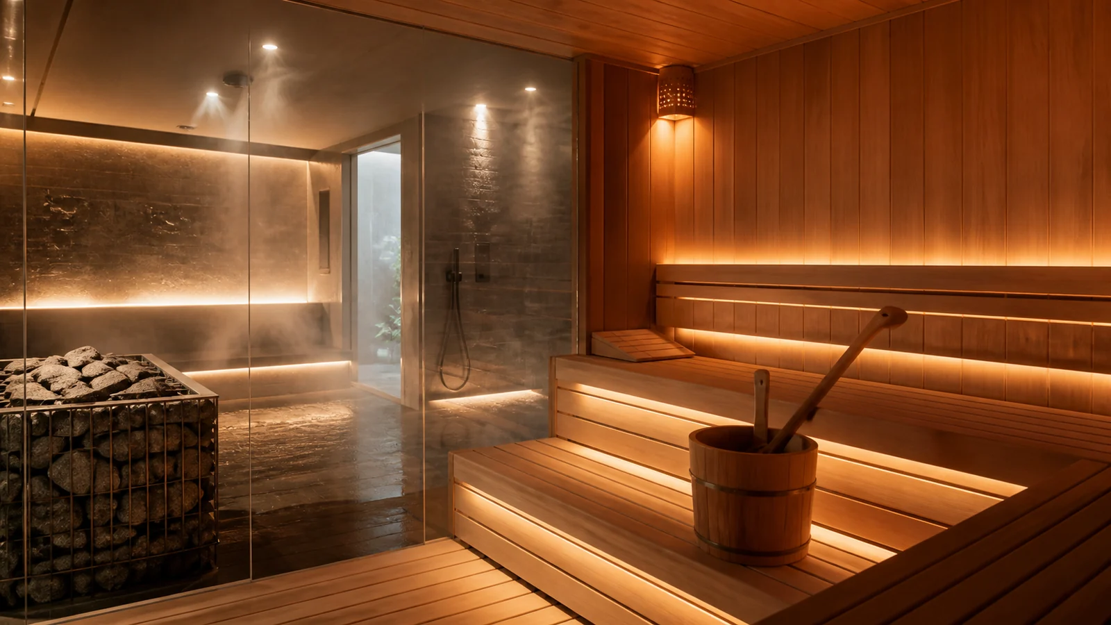 Sauna seca de alto padrão com madeira natural e ambiente de sudorese