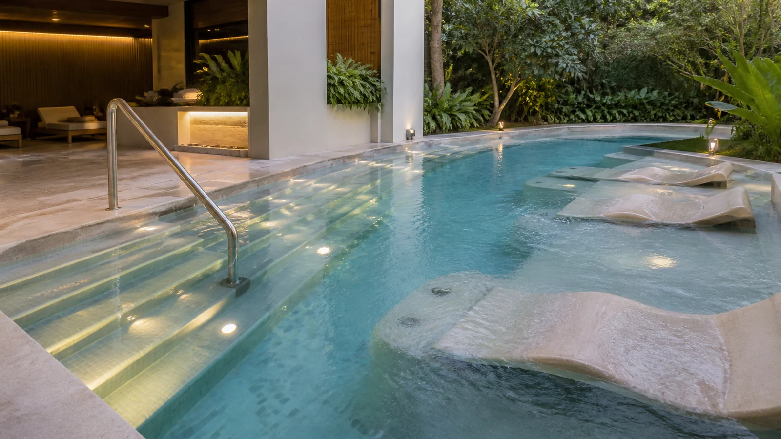 Piscina wellness com hidromassagem, cascata e iluminação natural