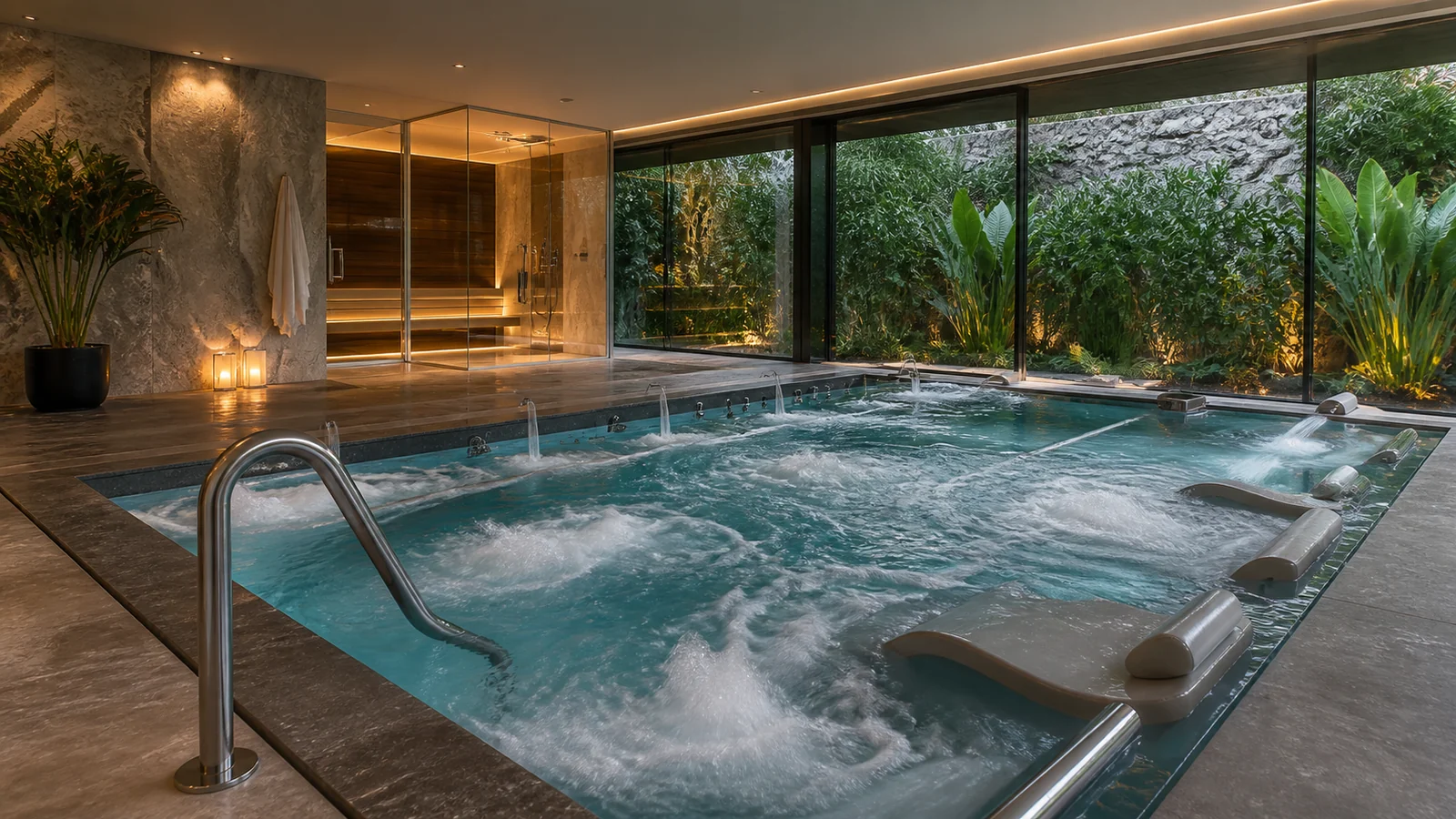Espaço residencial de hidroterapia com piscina aquecida e jatos terapêuticos
