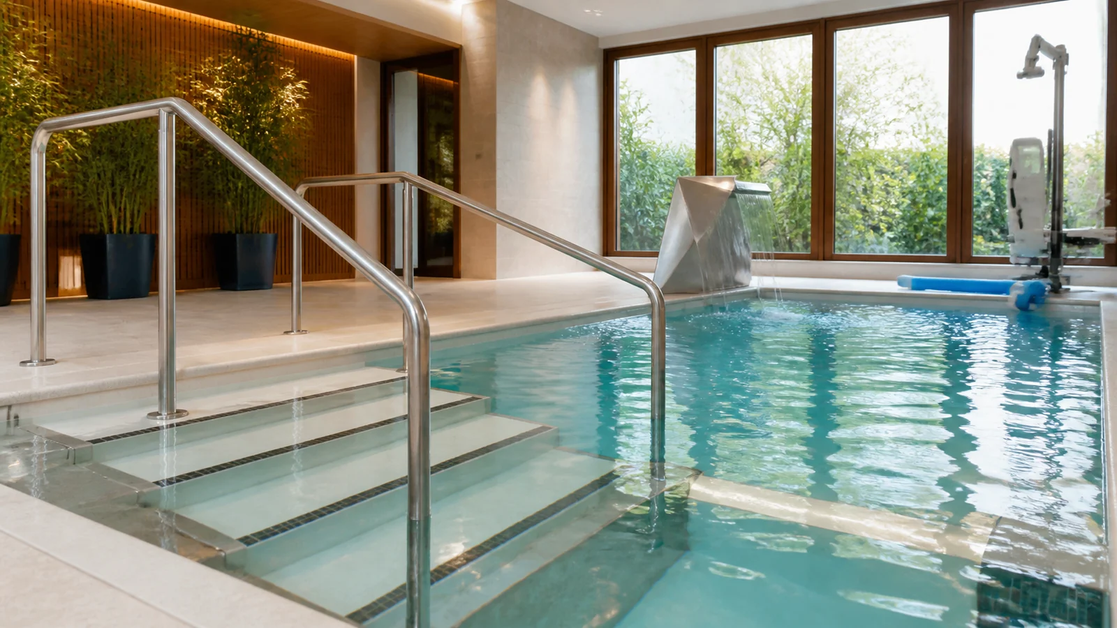 Piscina de hidroterapia acessível com corrimãos, banco e jatos submersos
