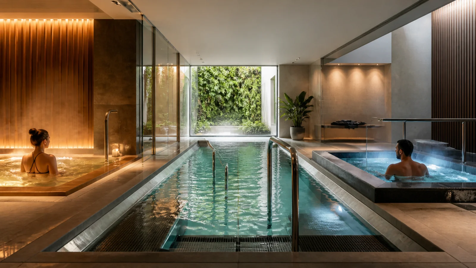 Três piscinas wellness com temperaturas quente, fria e morna