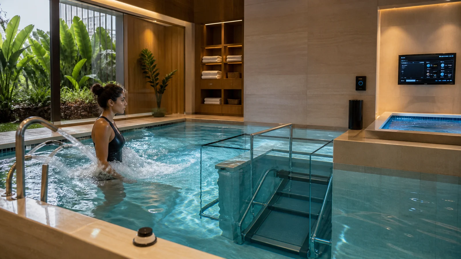 Atleta utilizando piscina equipada para recuperação muscular