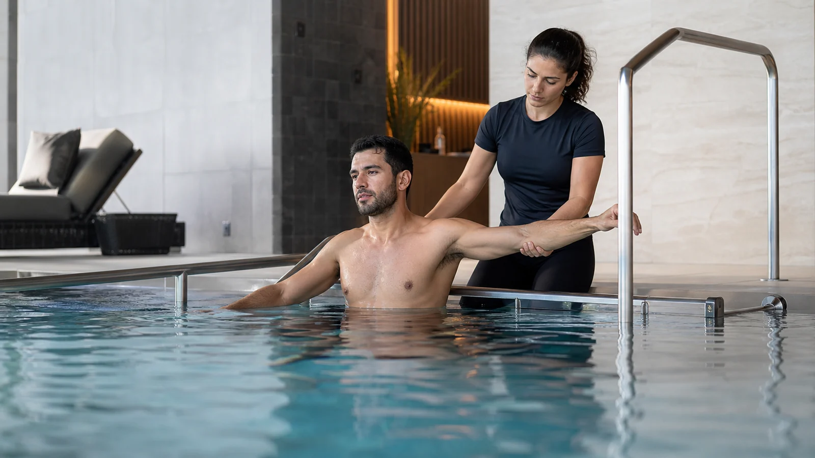 Sessão orientada de hidroterapia em piscina para recuperação física