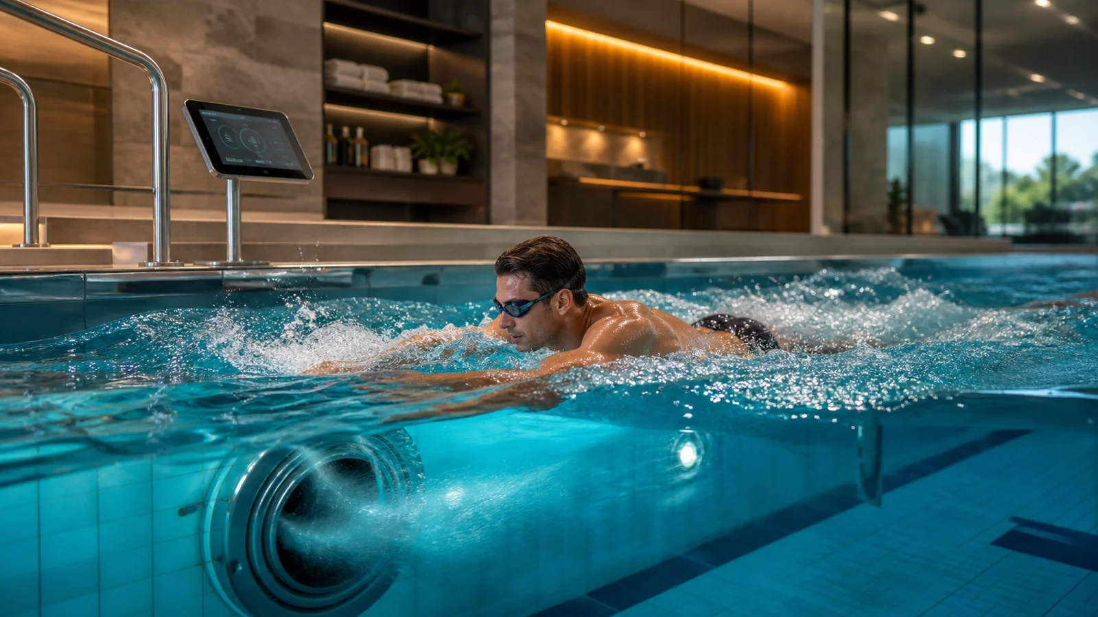Nadador treinando em piscina de alta performance com análise técnica