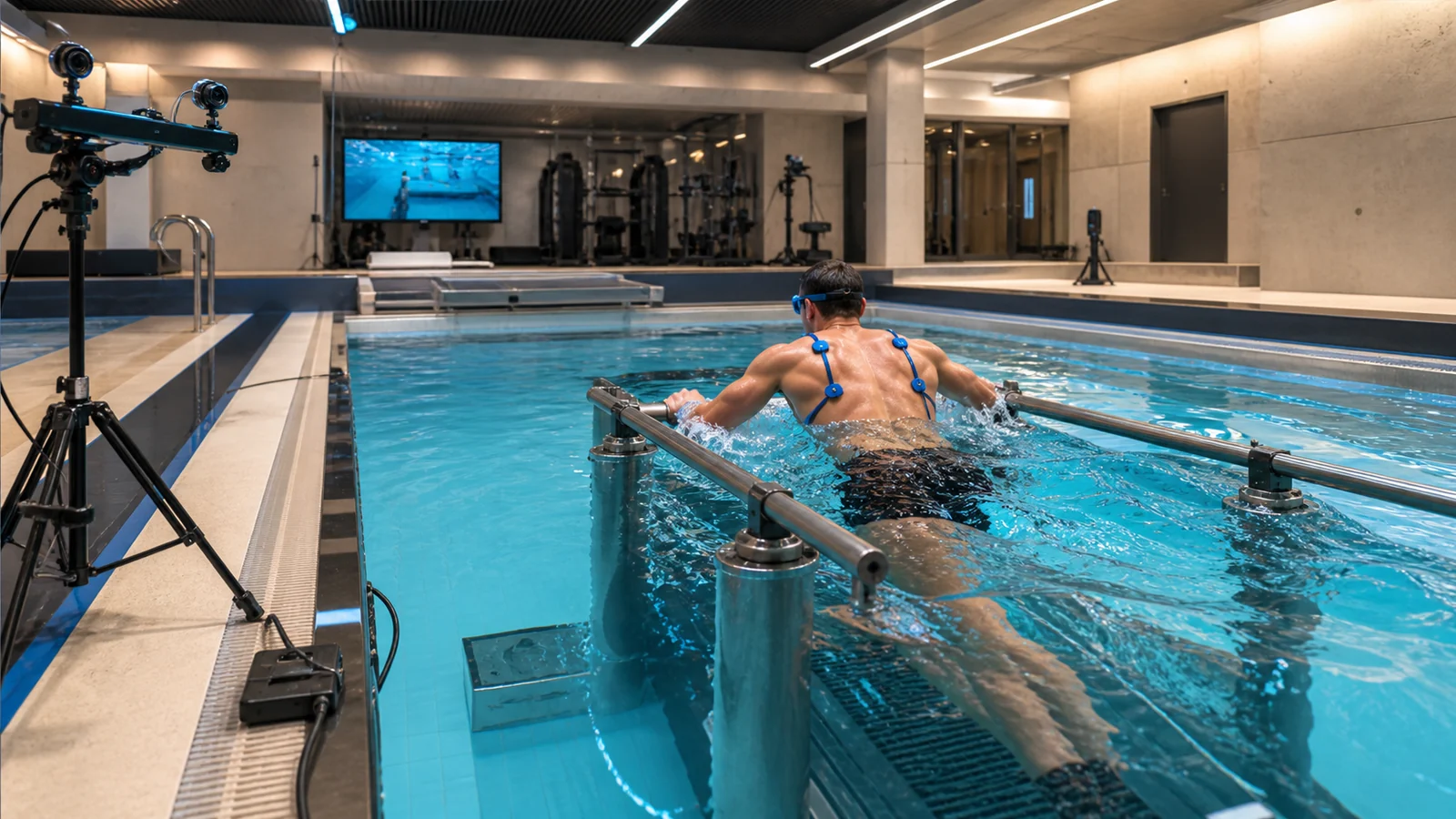 Piscina esportiva com tecnologias integradas para treinamento aquático