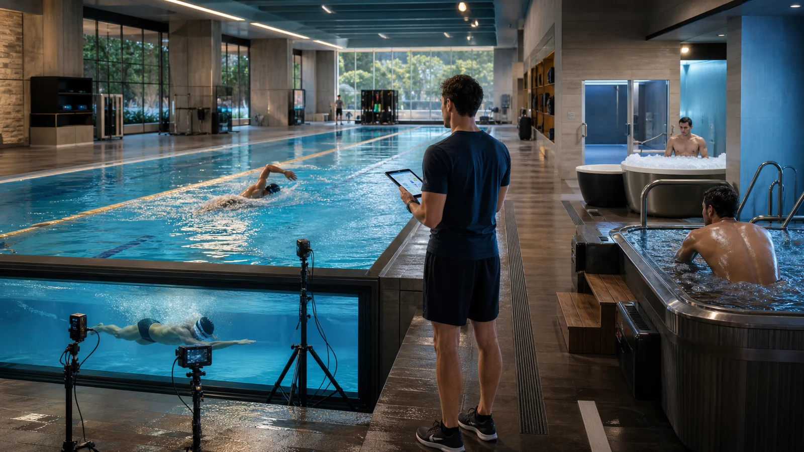 Centro de treinamento aquático com piscina esportiva e área de recovery