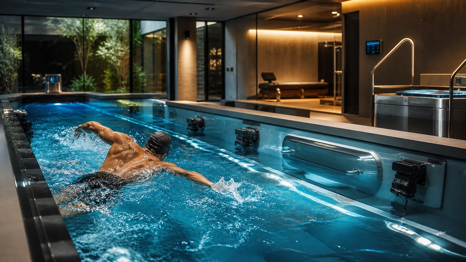 Atletas de elite treinando em piscina profissional com suporte técnico