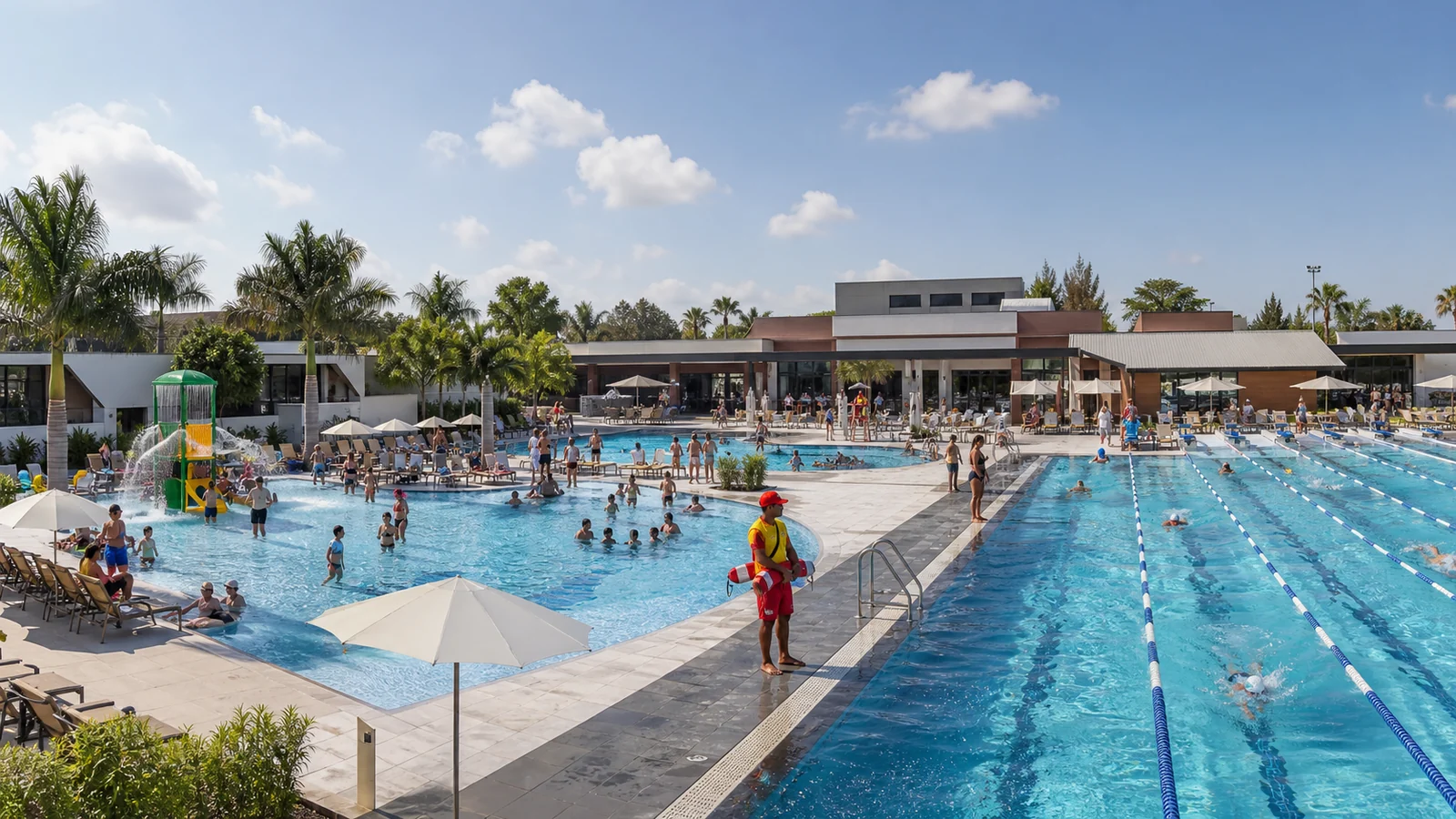 Complexo aquático de clube com piscinas esportiva, recreativa e infantil
