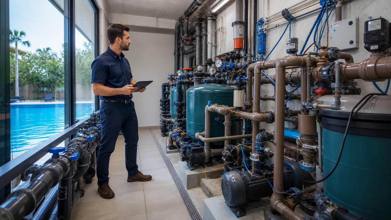 Engenheiro inspecionando casa de máquinas de piscina de clube