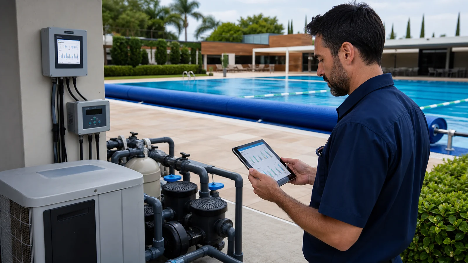 Sistema eficiente de bombas e aquecimento para piscinas de clube