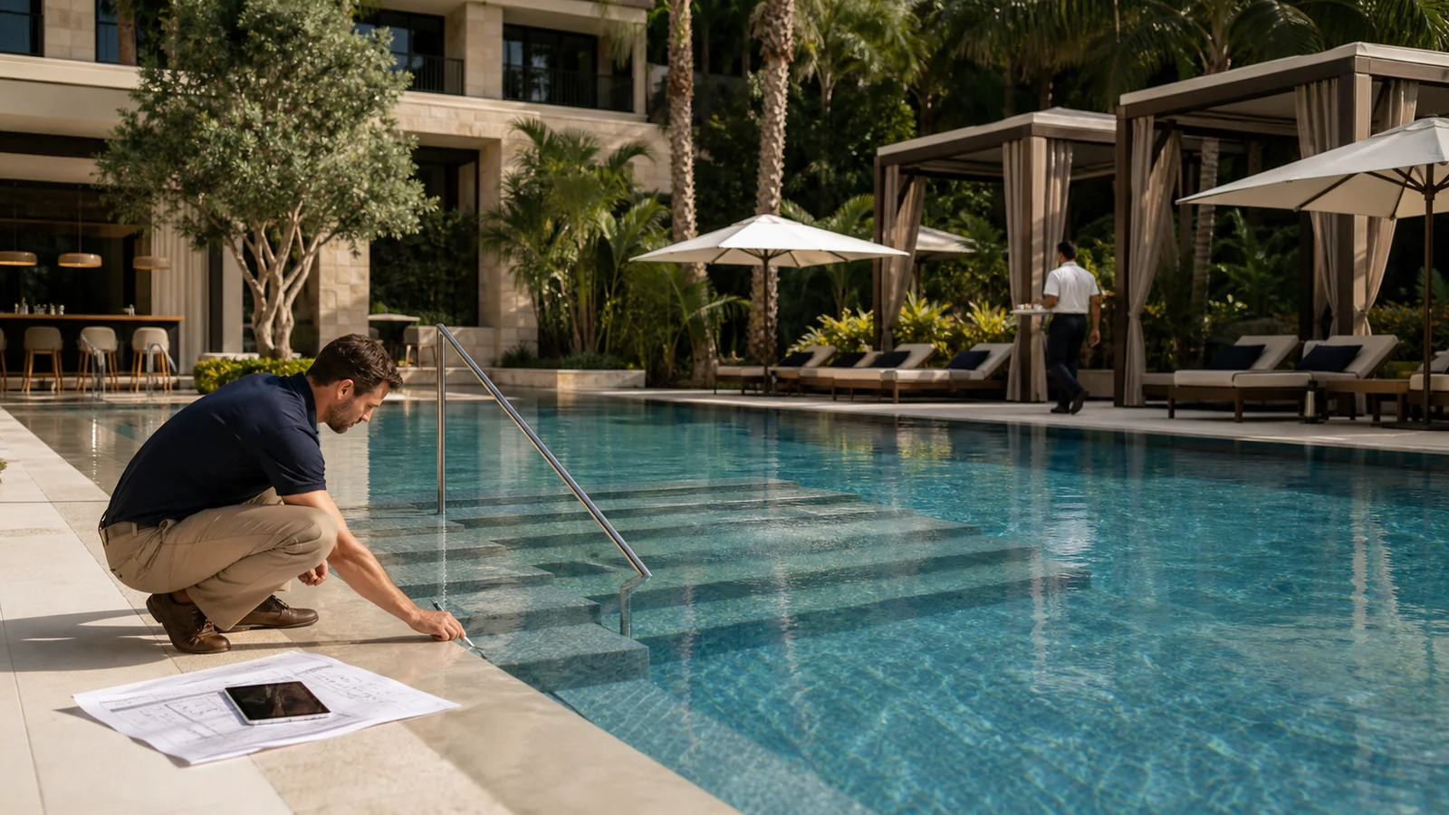Piscina premium de hotel com arquitetura elegante e áreas de permanência