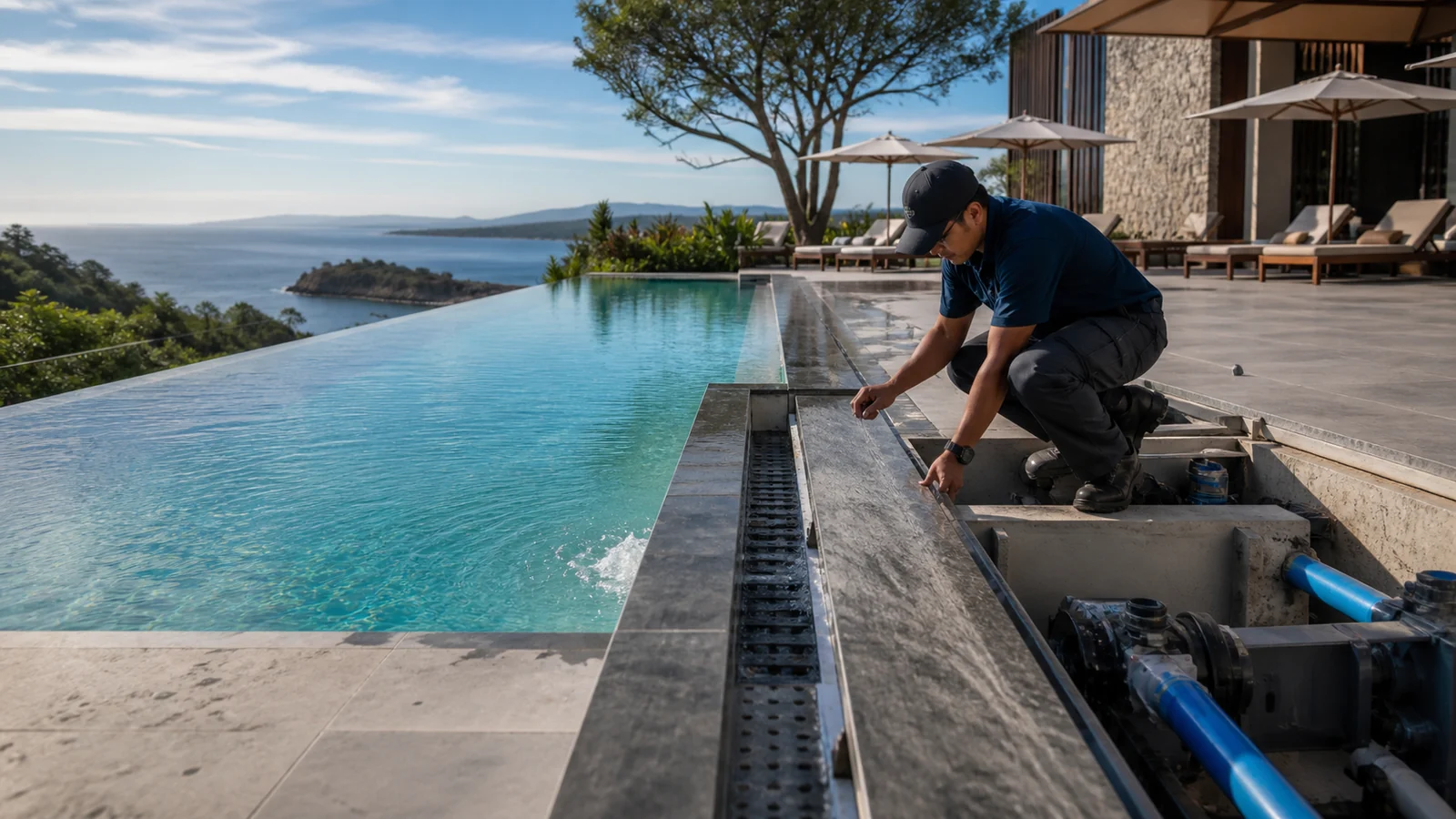Piscina de hotel com borda infinita voltada para a paisagem