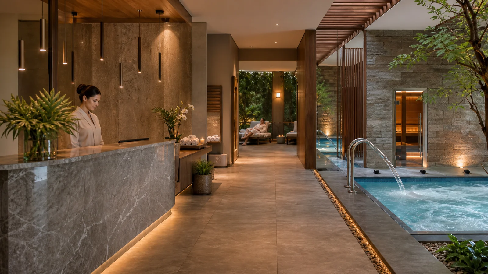 Spa comercial premium com fluxo integrado entre recepção e áreas termais