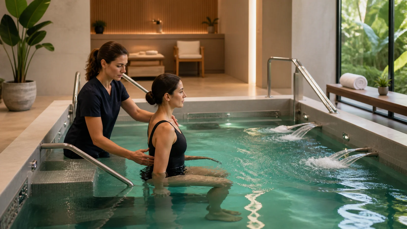 Piscina de hidroterapia em centro wellness com atendimento profissional