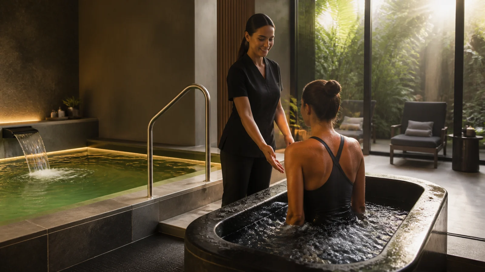 Piscinas quente e fria integradas para contraste térmico em spa