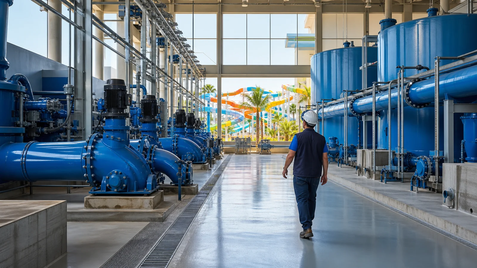 Galeria técnica de parque aquático com bombas e tubulações de alta vazão