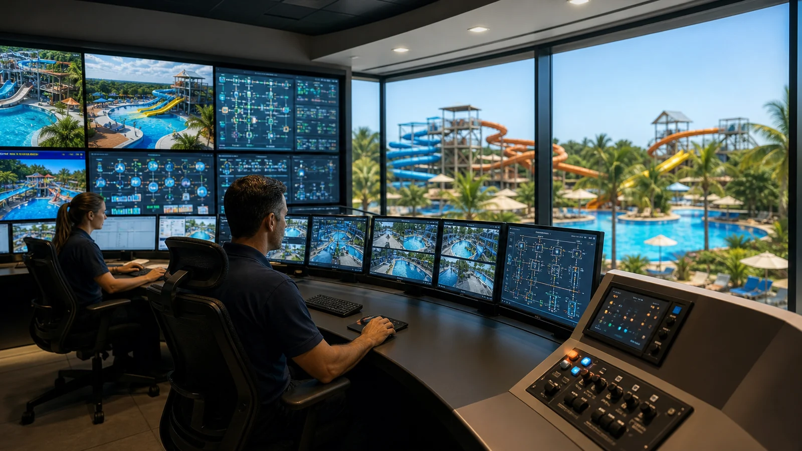 Central de automação com monitoramento das atrações de parque aquático
