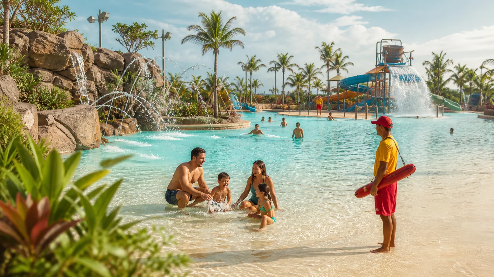 Piscina recreativa segura com praia rasa, jatos e supervisão de salva-vidas