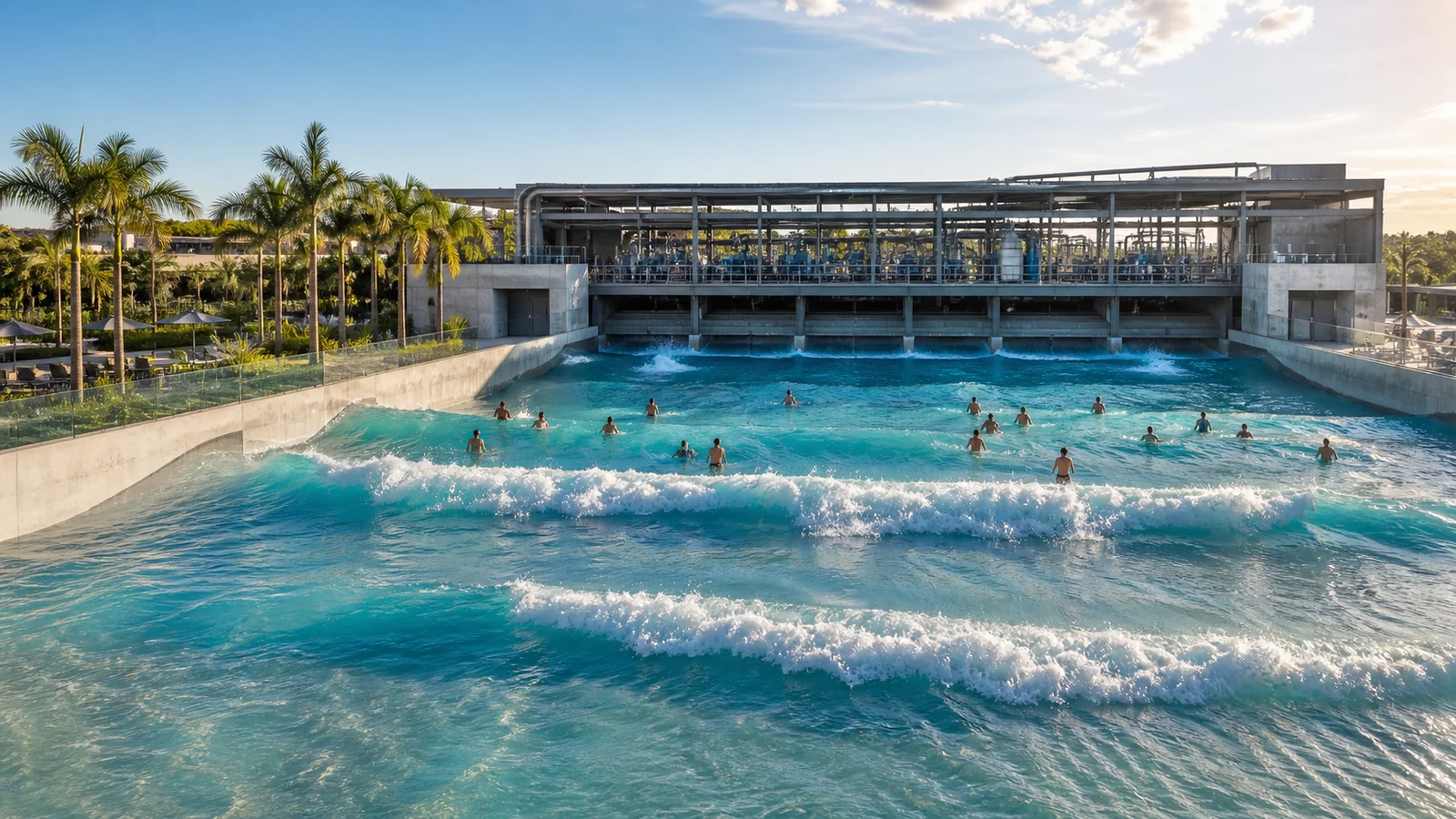 Piscina de ondas com câmara técnica integrada à atração