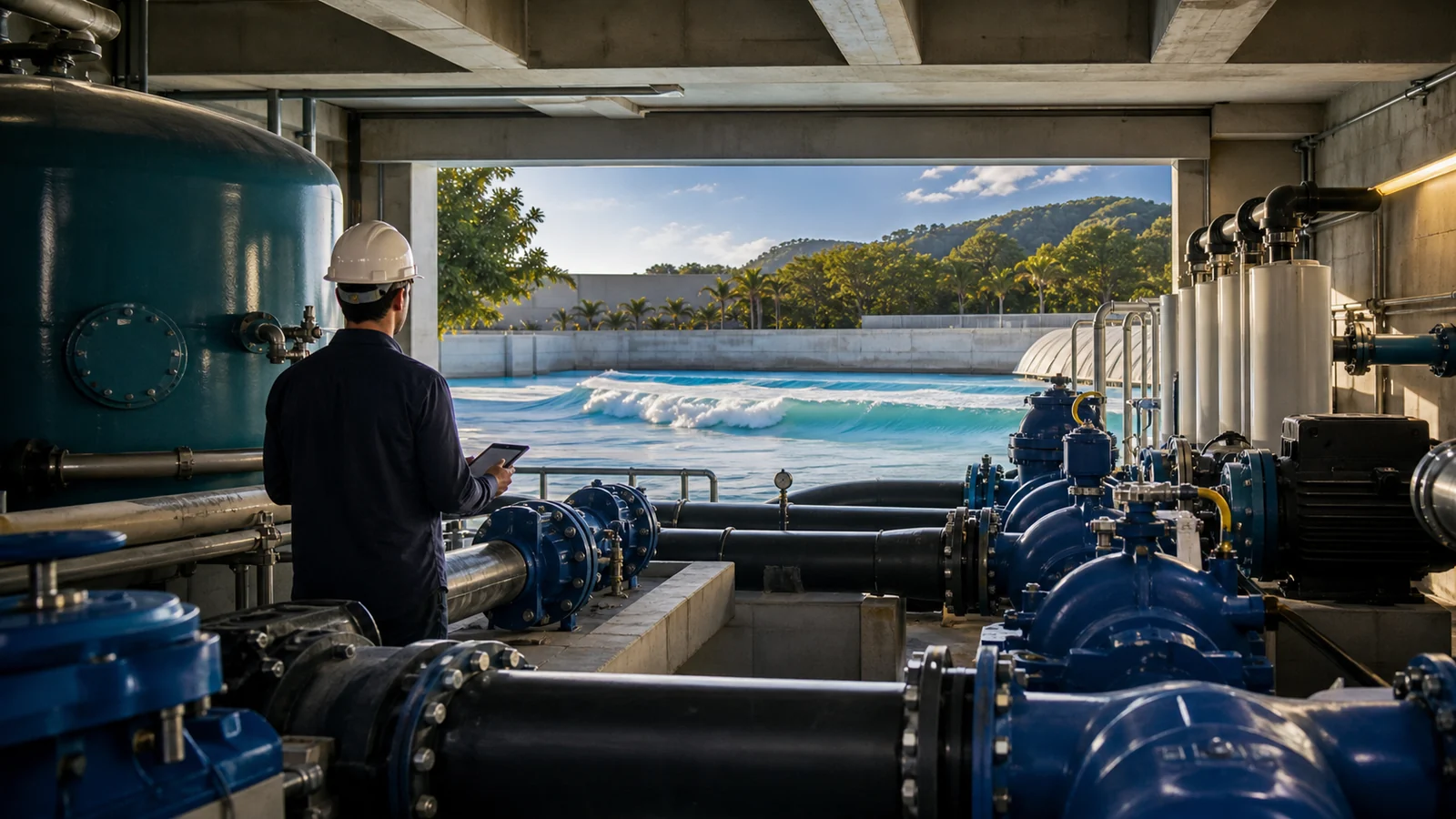 Bombas, reservatórios e filtros que compõem o sistema hidráulico de piscina de ondas