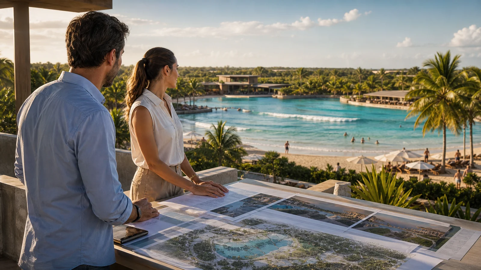 Investidor e engenheiro observando piscina de ondas em resort aquático