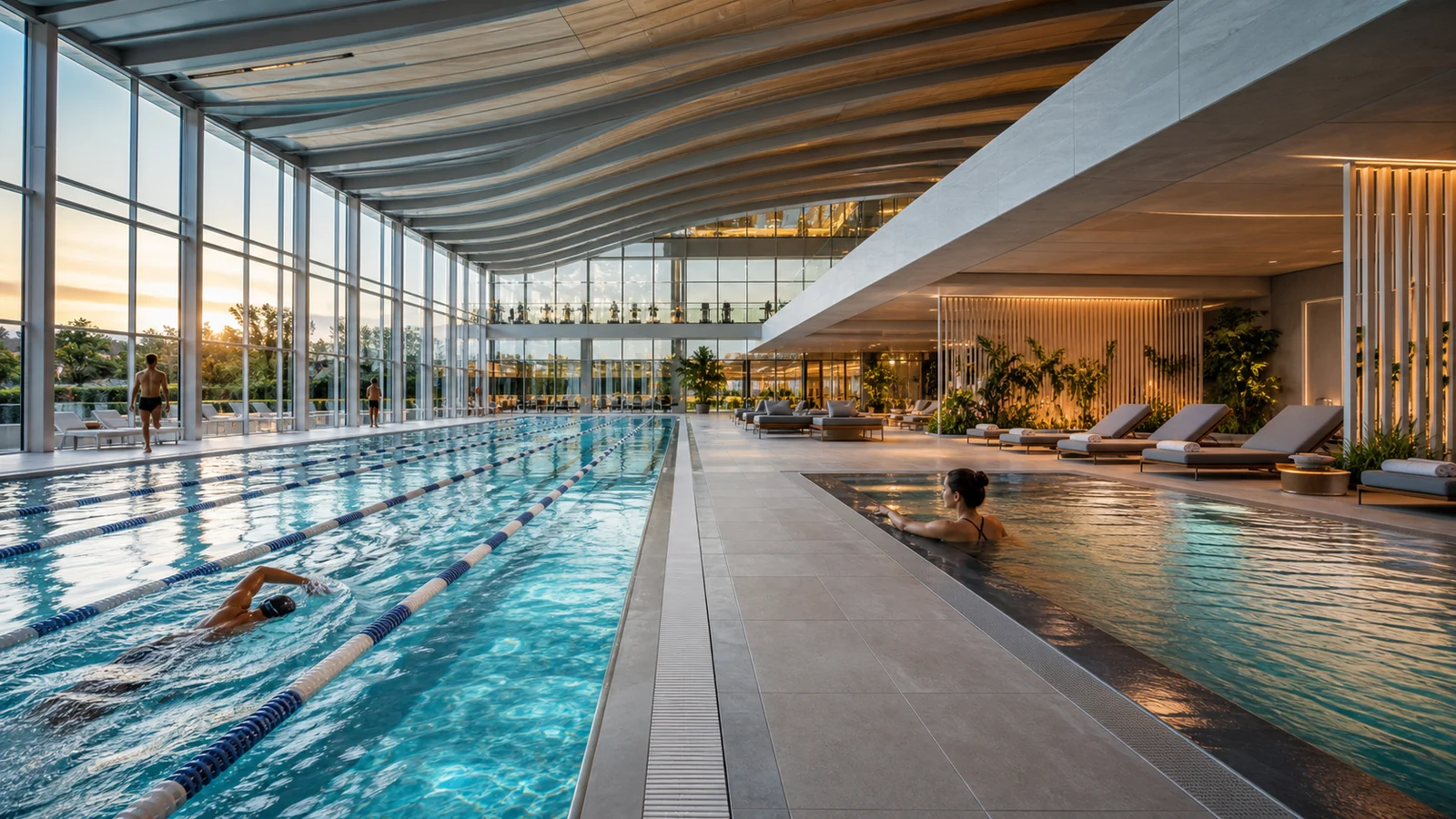 Centro aquático multifuncional com áreas de esporte, lazer e wellness